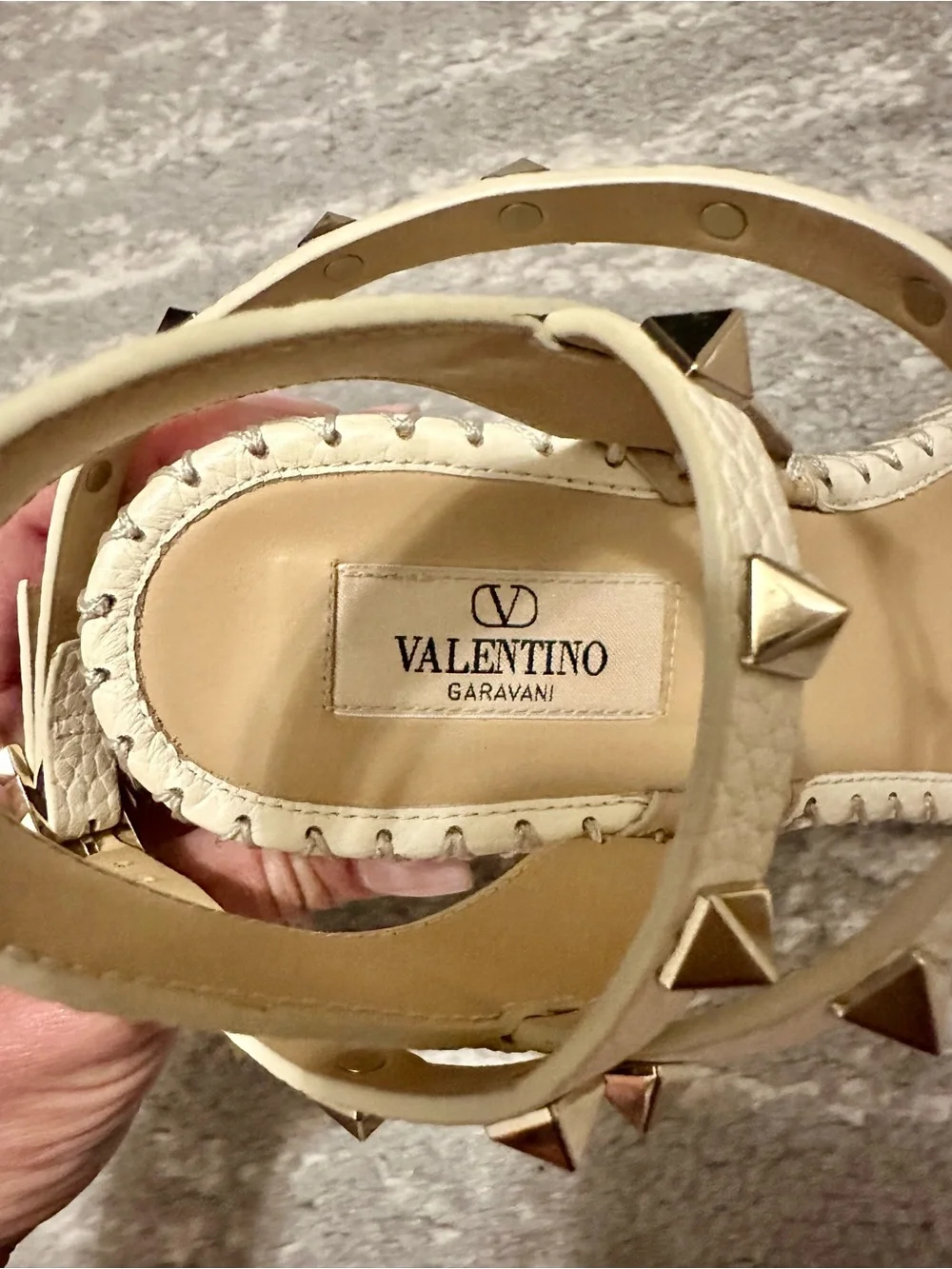 Valentino Ivory Leather Rockstud Ankle-Strap Wedge Sandals